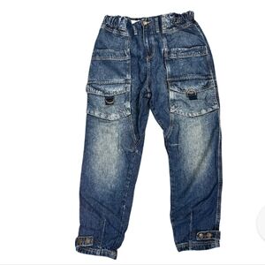 We The Free Hazel Pull On Drop Waist Jeans in Blue Medium Cargo Denim Zip Fly